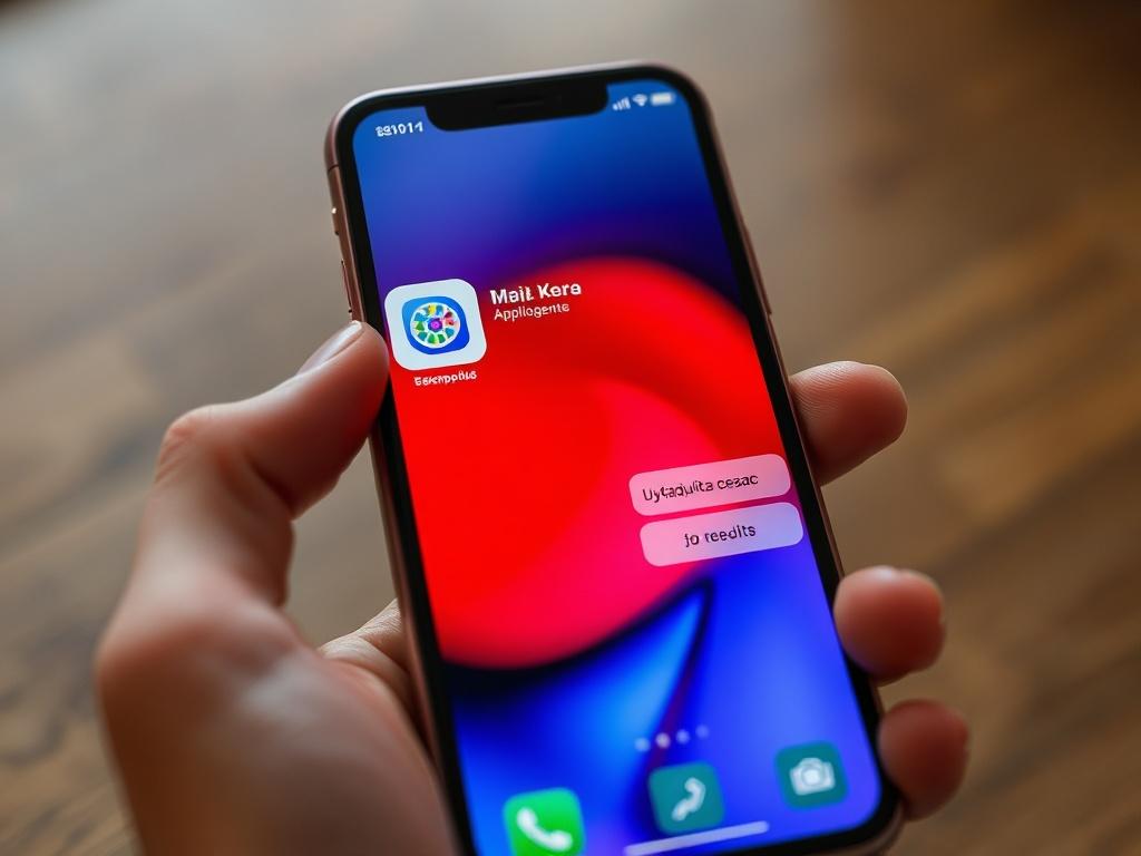 Рука с iPhone, где на экране застыло новое приложение Сбера, а рядом — две тропинки: одна освещена «установить сейчас», другая уходит в туман «ждать», стиль — цифровой символизм.