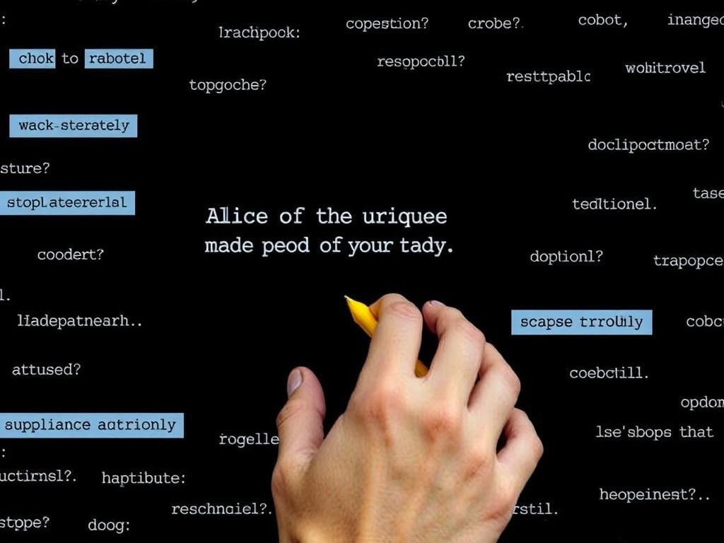 A human hand writes a unique text on the screen, while around it scatter the cliched phrases of robots, style — metaphorical minimalism.