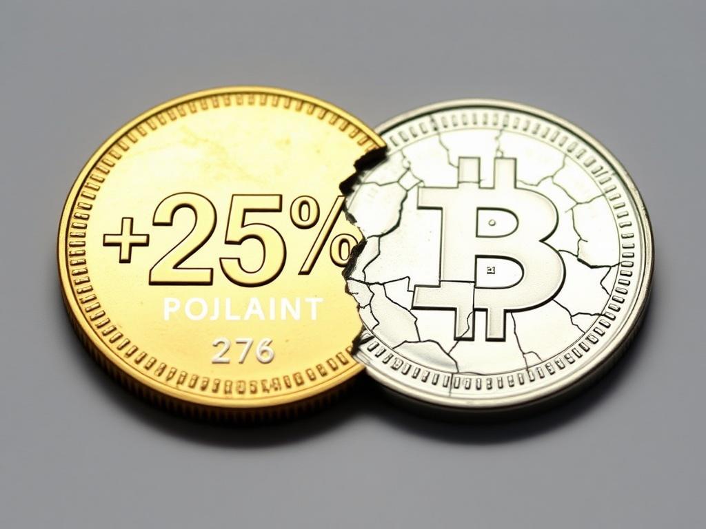 Two-faced coin: one side shines with the number +25%, the other is covered with cracks of growing overdue payments, style — financial surrealism.