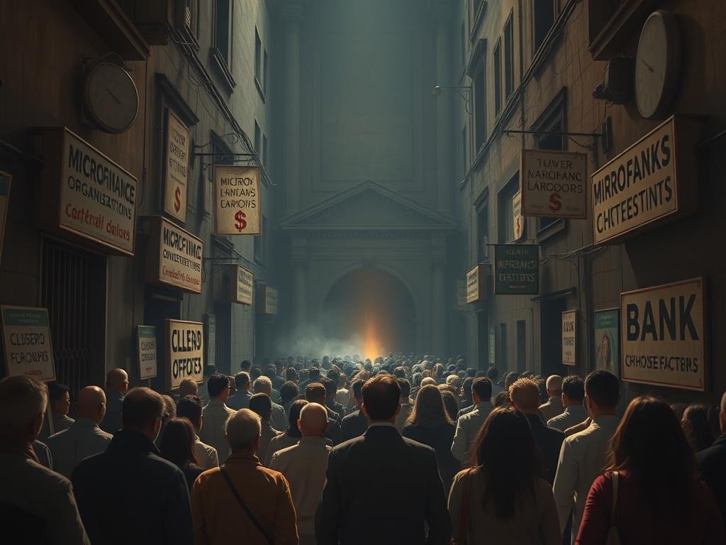A crowd of people walking away from the closed doors of banks into a dark alley lined with signs for microfinance organizations and dubious creditors, from which an ominous glow emanates, style — social surrealism.