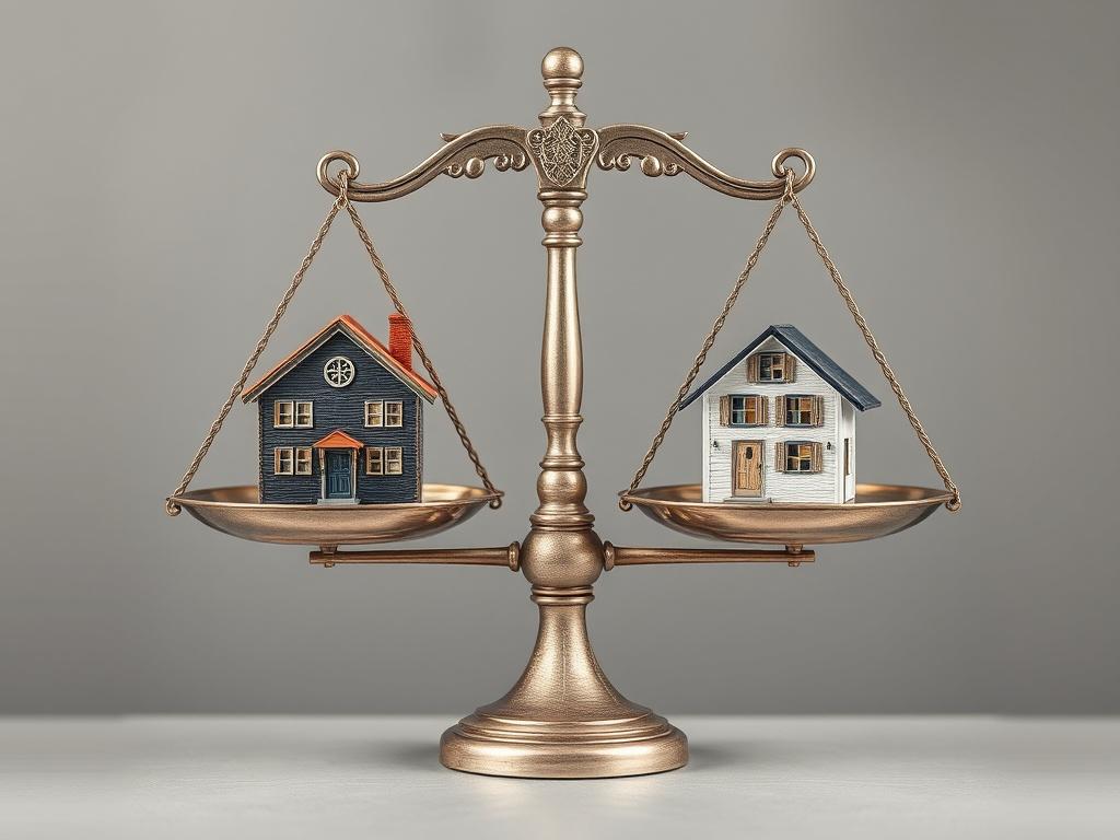 Scales, with the key to primary housing for families on one pan and the key to resale housing on the other, the latter pulling the whole structure down and symbolizing rising prices — style: financial symbolism.