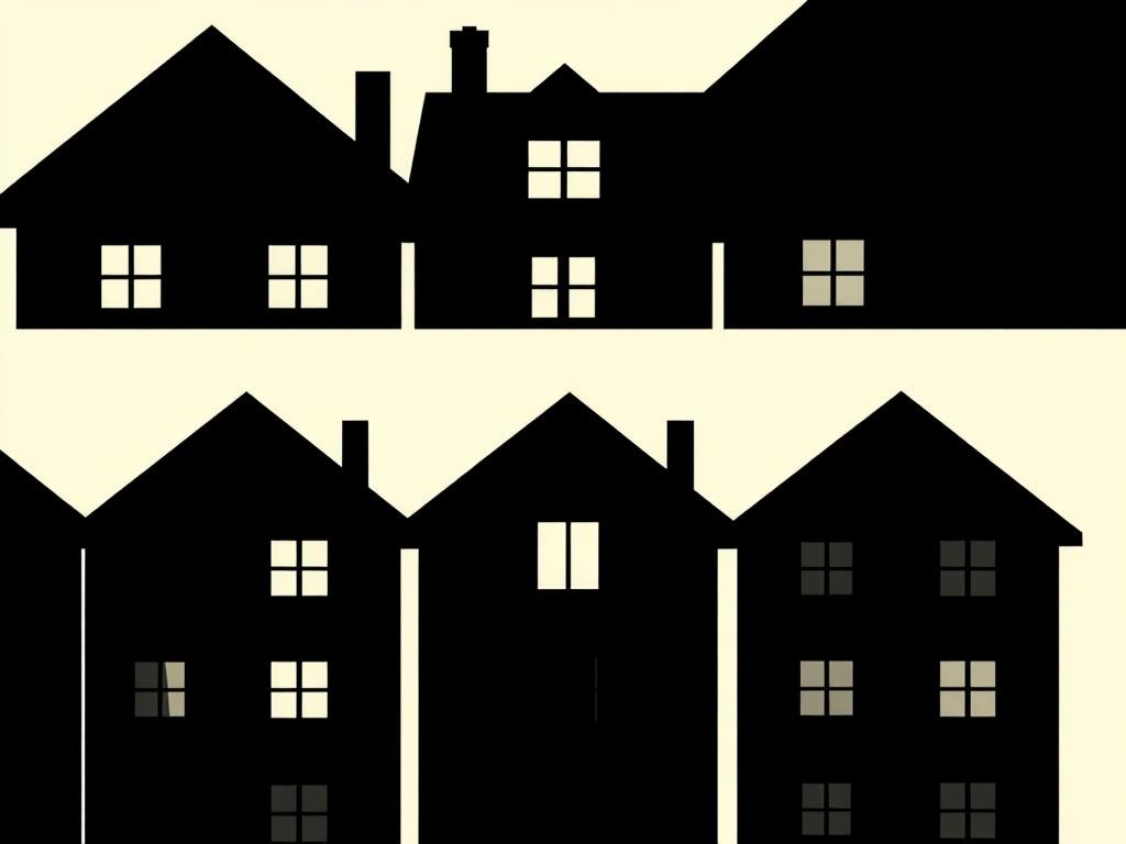 Five silhouettes of houses with apartment windows, but tax is paid for only one window, while the other four are hidden in the shadow of evasion; the style is social symbolism.