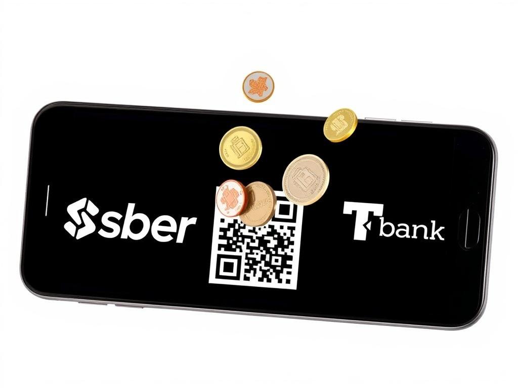 Two smartphones displaying the Sber and T‑Bank logos, with coins instantly flying between them through a scannable QR code, style — technological minimalism.