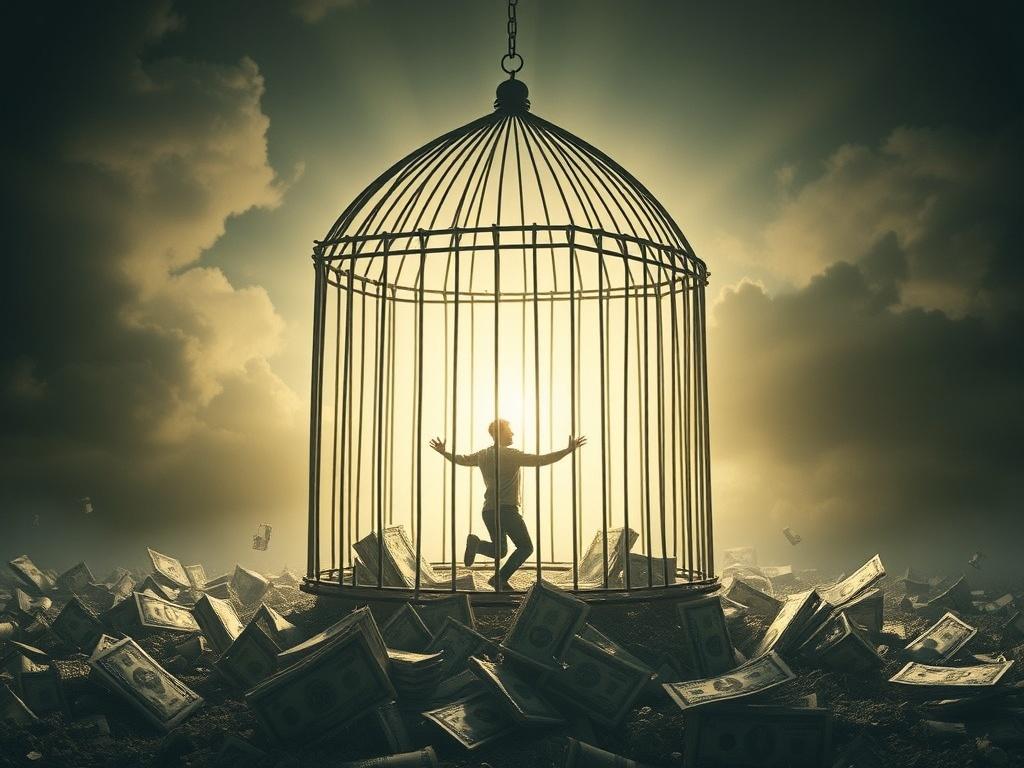 A cage of debt traps slowly dissolves, and inside it the borrower emerges into the light against a backdrop of falling interest rates and rising regulatory barriers — style: social symbolism.