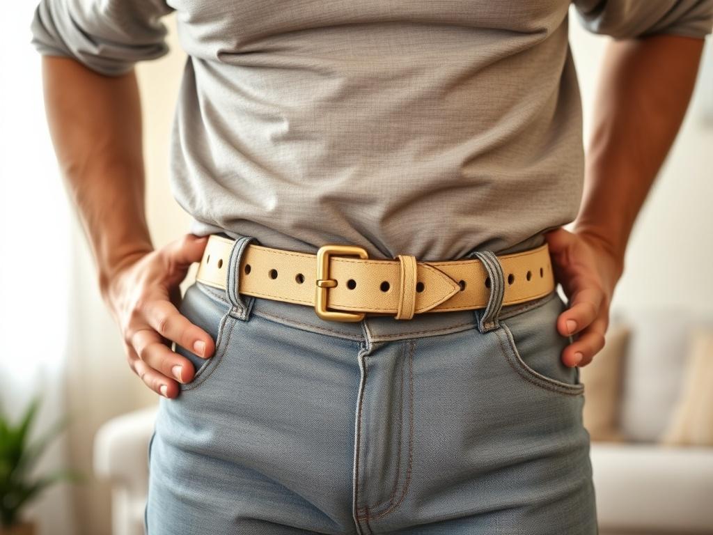 A family trying to tighten the belt of government support around the waist of their home, but the belt turns out to be too short; style — social symbolism.