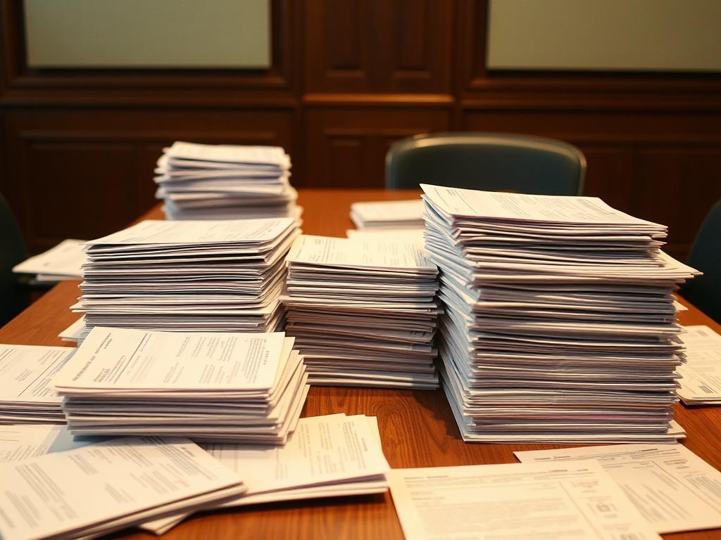 A stack of 800 resumes on the table, but no one is at the table, style — social surrealism.