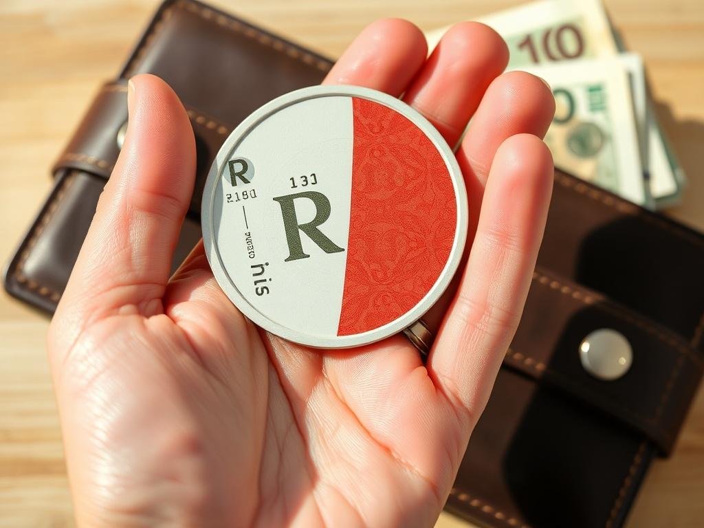 A hand holds a digital ruble, half of which is a key to convenience, half a shadow of uncertainty, against the backdrop of a familiar wallet, style—technological symbolism.