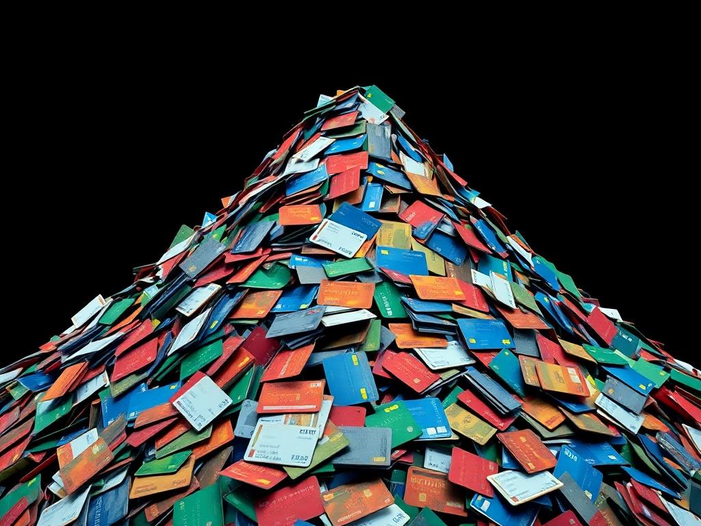 A mountain of 3 million blocked cards, under which both scammers and confused honest customers ended up, style — digital surrealism.