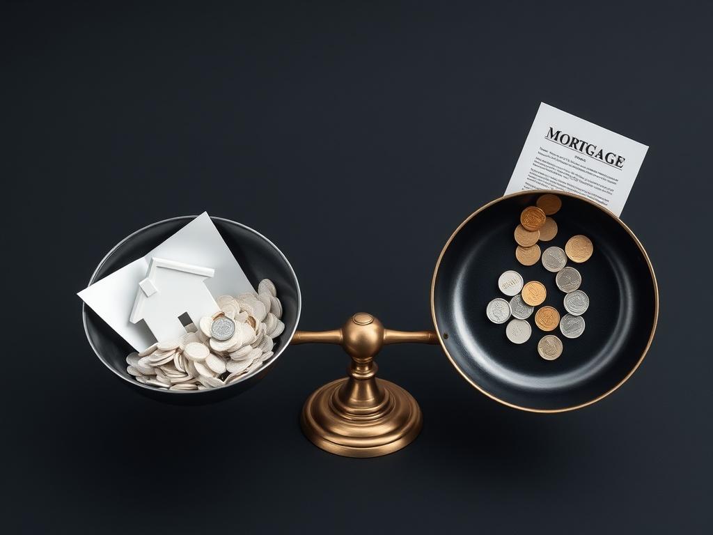 Scales with two pans: on one — a mortgage key and a pile of debts, on the other — a lease agreement and escaping coins, style — financial minimalism.