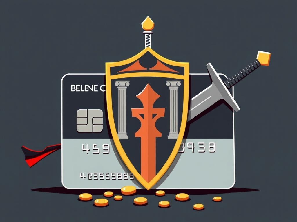A stylized bank card as a battlefield between the shield of banks' commercial interests and the sword of the central bank's regulatory requirements, style — financial symbolism.