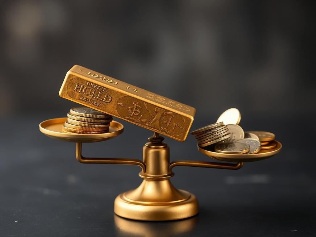 A gold bar on scales, one side rising while the other holds coins losing value, style — financial symbolism.