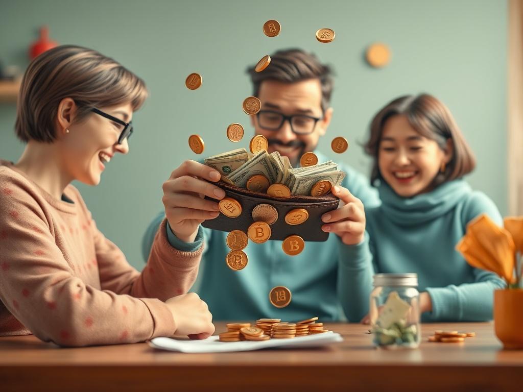 The family tries to fill their wallet with tax cashback, but most of the coins disappear against the backdrop of large expenses; the style is social symbolism.