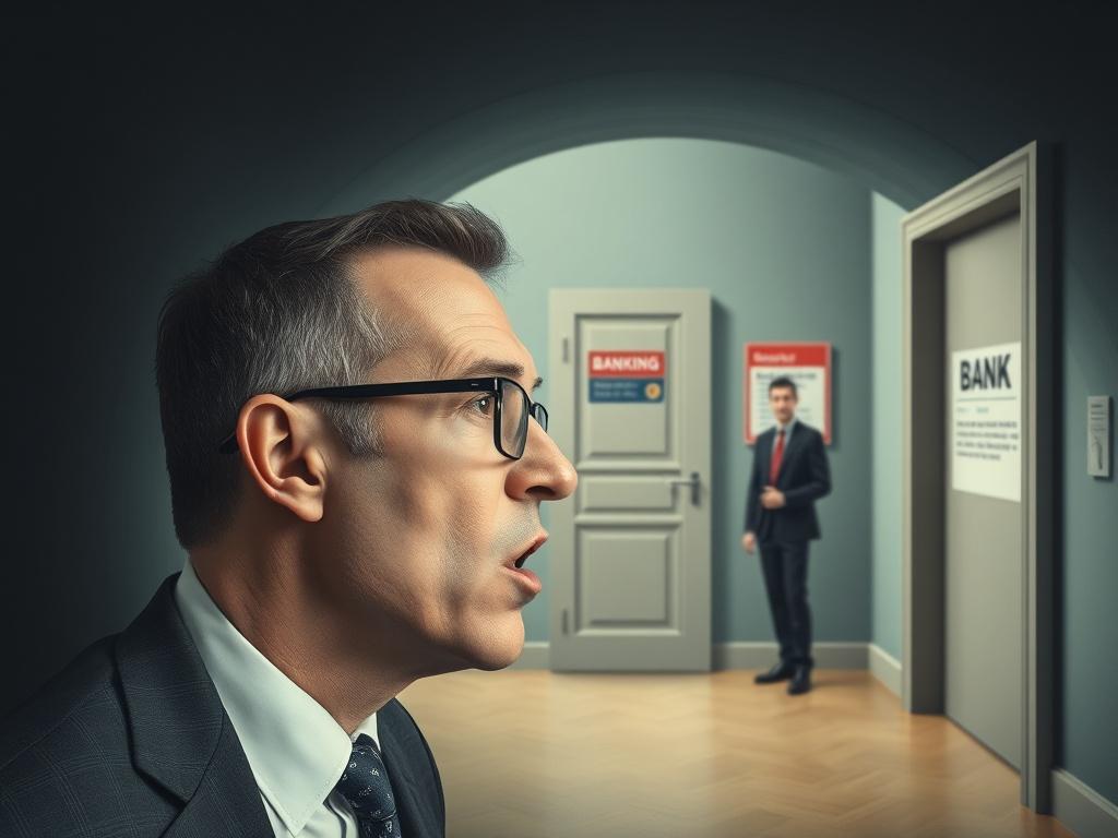 The client is trying to breathe through the narrowing tube of banking restrictions, while in the background there is a door to the financial ombudsman and alternative services; the style is social surrealism.